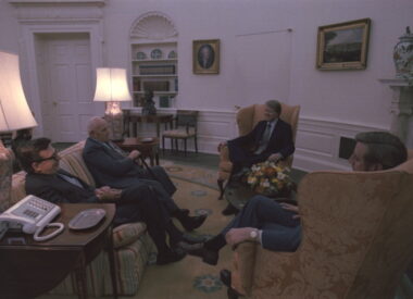 Oval Office meeting of President Jimmy Carter, Lane Kirkland, and George Meany. Credit: White House staff photographers. License: Public domain.